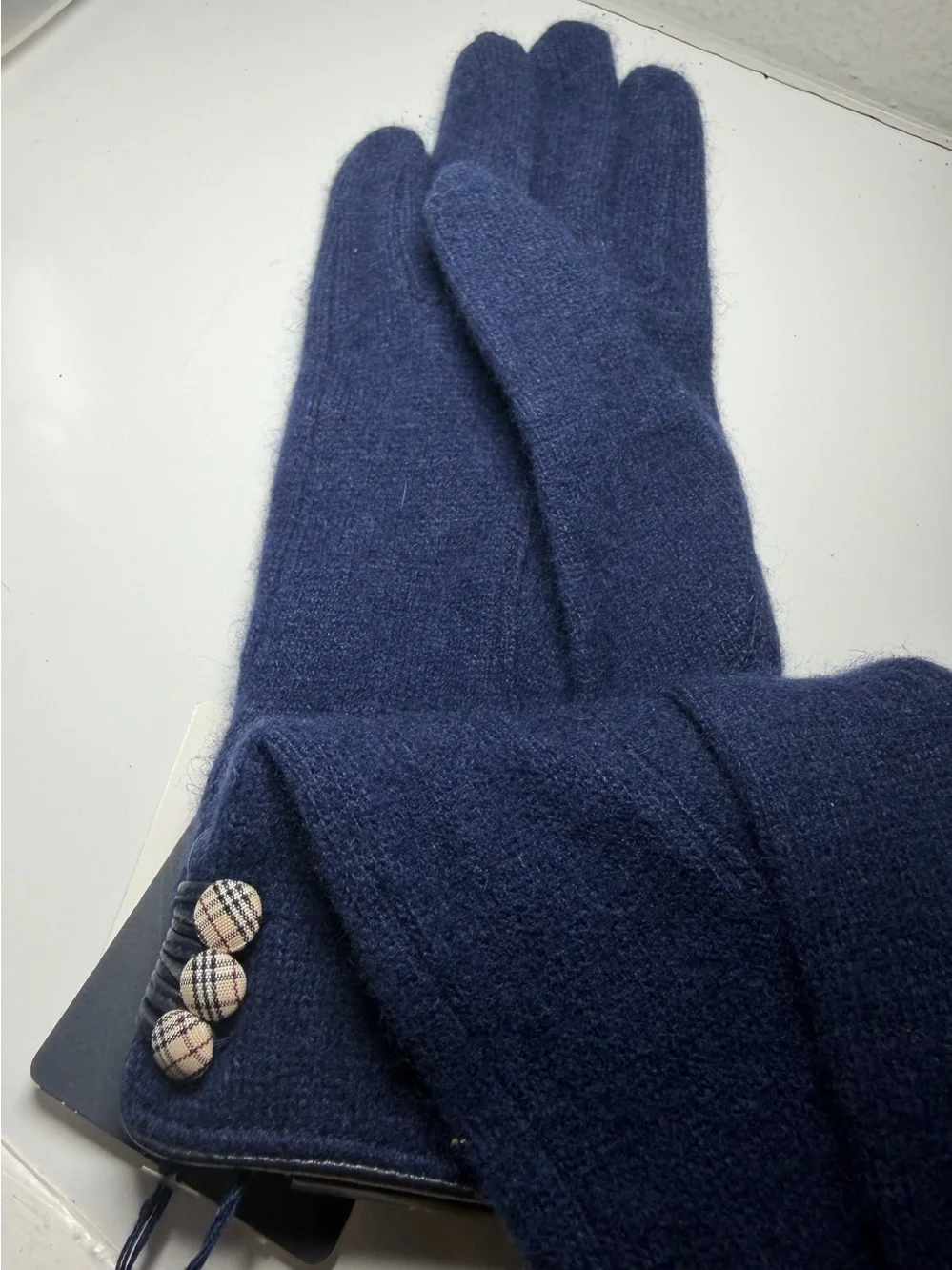 Burberry Blue Cashmere-Blend Women's Gloves with Plaid Button Detail